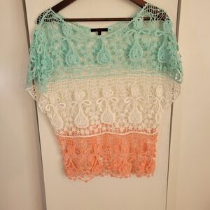 Zoy Elegant Crochet Lace Top - Mint, White, and Coral